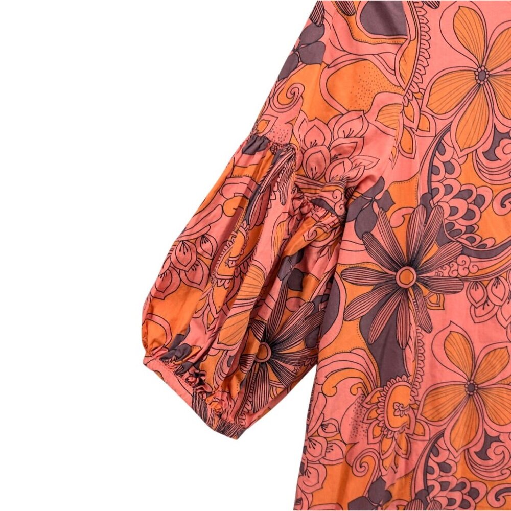 Bryn Walker Mini Shirt Dress Orange Pink Floral Puff Sleeve Peasant Boho Size S - Picture 9 of 9